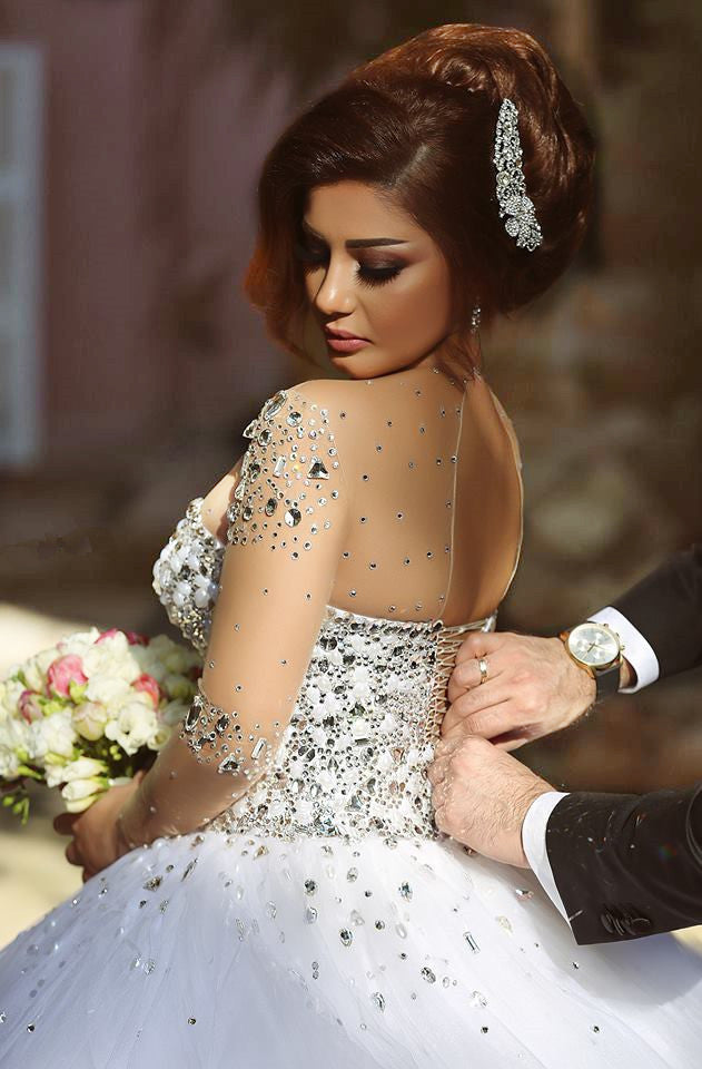 Sheer Sweetheart Crystal Ball Gown Wedding Dresses Lace-up Long Sleeve Tulle Beautiful Wedding Princess Dress MH001