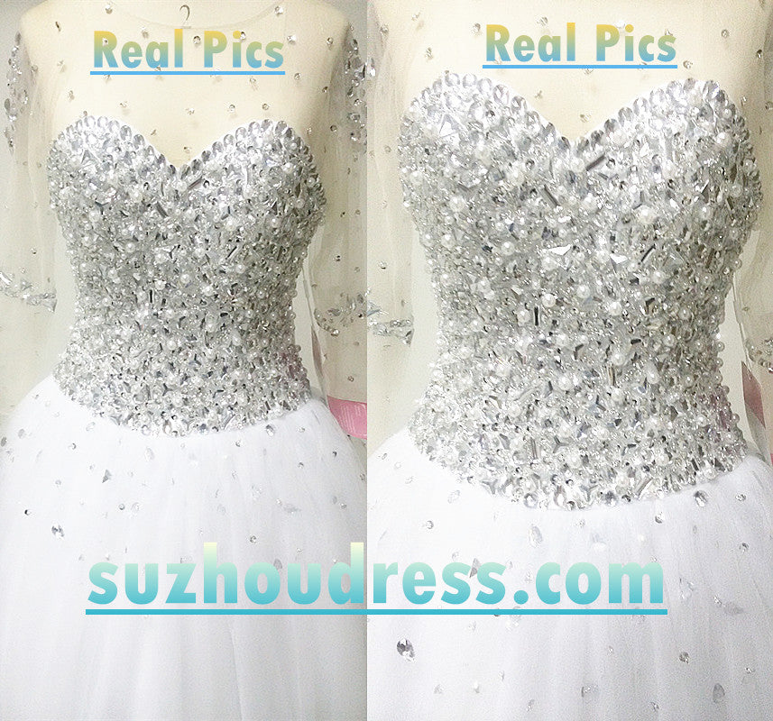 Sheer Sweetheart Crystal Ball Gown Wedding Dresses Lace-up Long Sleeve Tulle Beautiful Wedding Princess Dress MH001