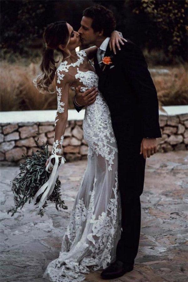 Sheer Tulle Lace Appliques Sexy Summer Beach Wedding Dress | Sheath Long Sleeve Outdoor Wedding Dress