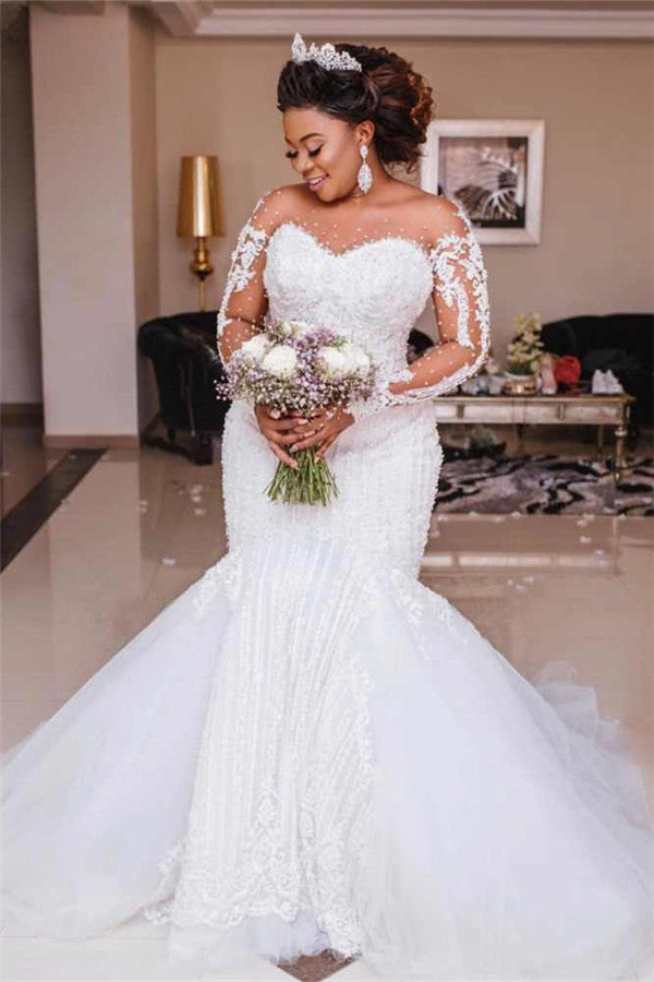 Sheer Tulle Mermaid Lace Wedding Dresses | Long Sleeve Appliques Bridal Dresses