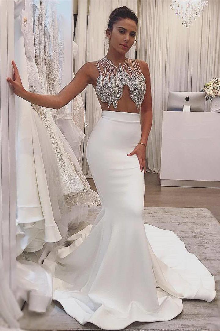 Sheer Tulle Sexy Sleeveless Mermaid Sparkle Wedding Dresses for Summer Beach