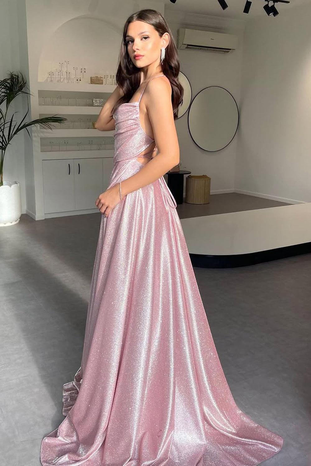 Suzhoufashion Shimmering Silver Cowl Neck A-Line Prom Dress With Spaghetti Straps And High Leg Slit Formal Evening Gown