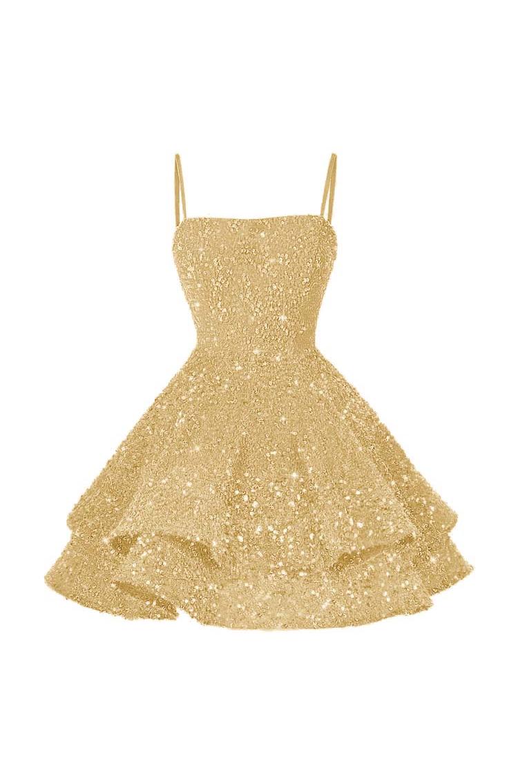 Shining Pink Spaghetti Strap Sleeveless Ball Gown Short Dress With Sequins