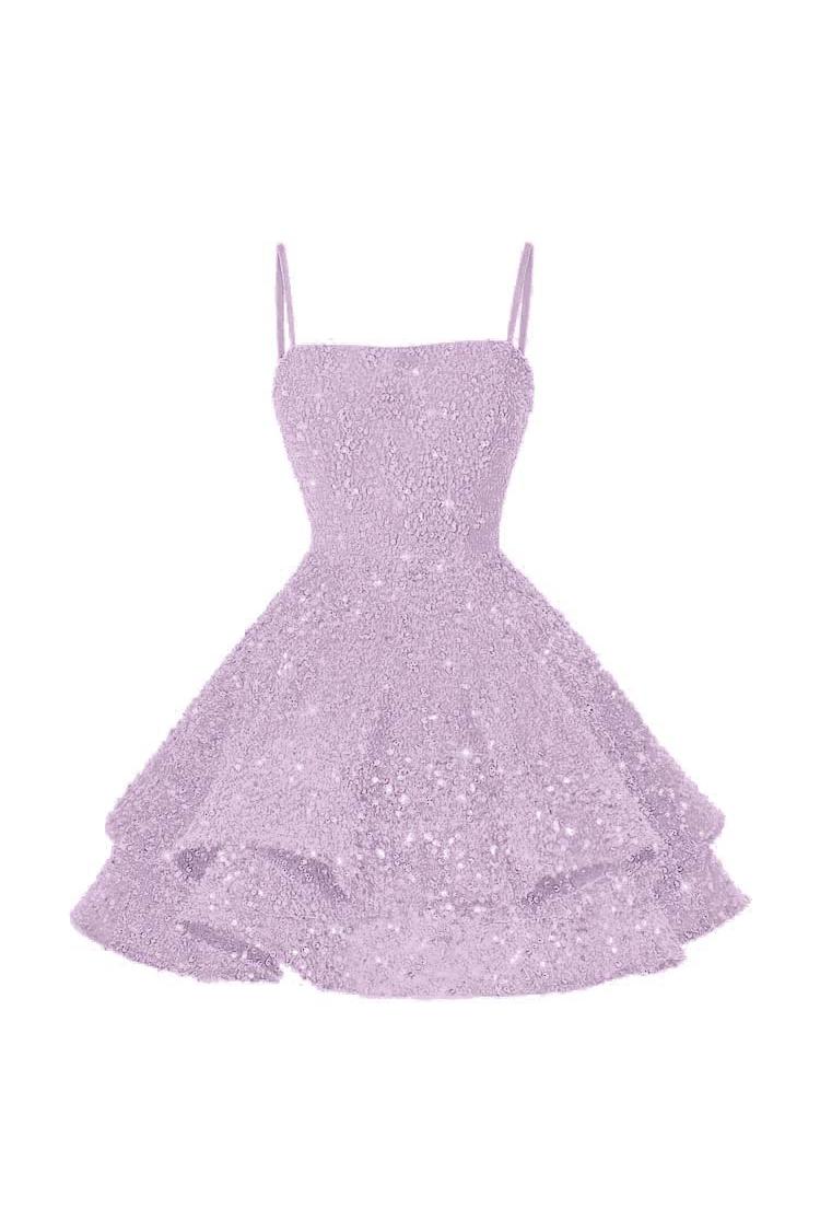 Shining Pink Spaghetti Strap Sleeveless Ball Gown Short Dress With Sequins