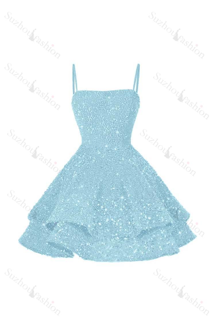 Shining Pink Spaghetti Strap Sleeveless Ball Gown Short Dress With Sequins