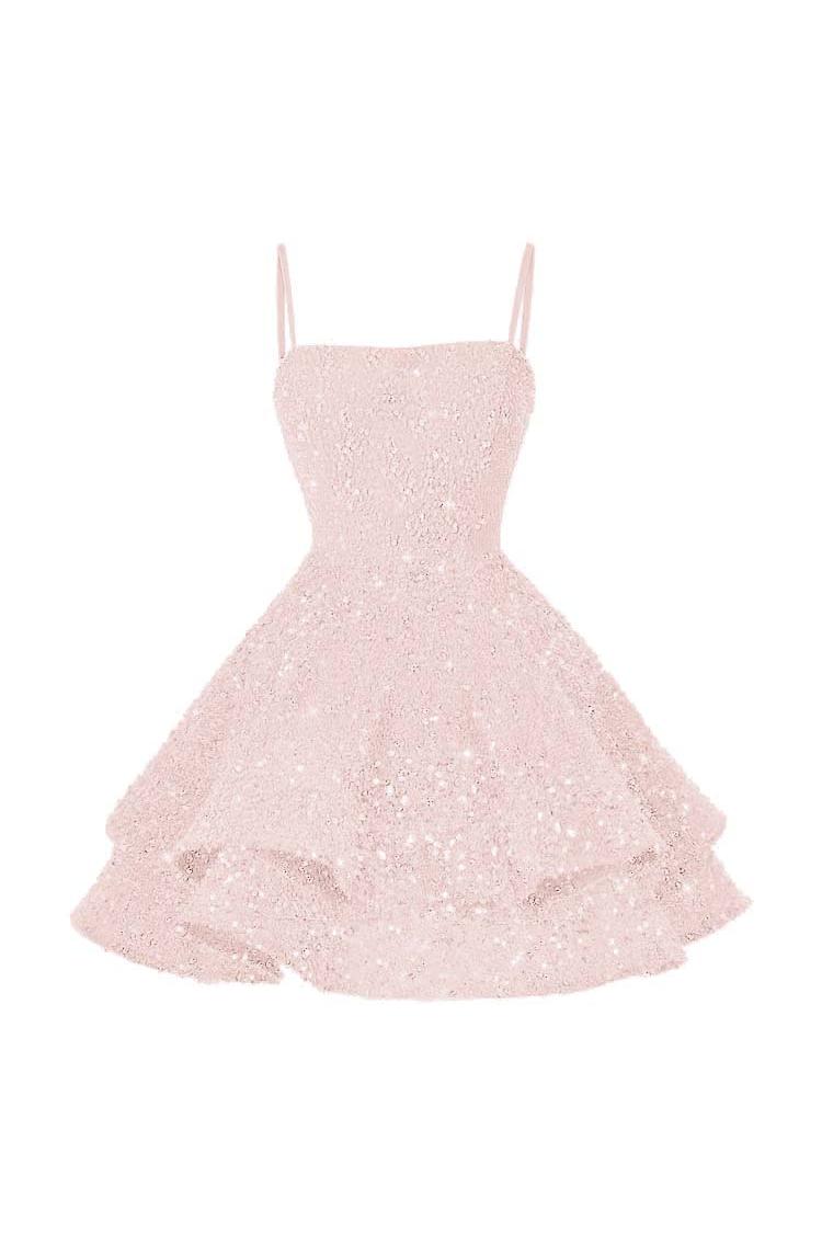 Shining Pink Spaghetti Strap Sleeveless Ball Gown Short Dress With Sequins