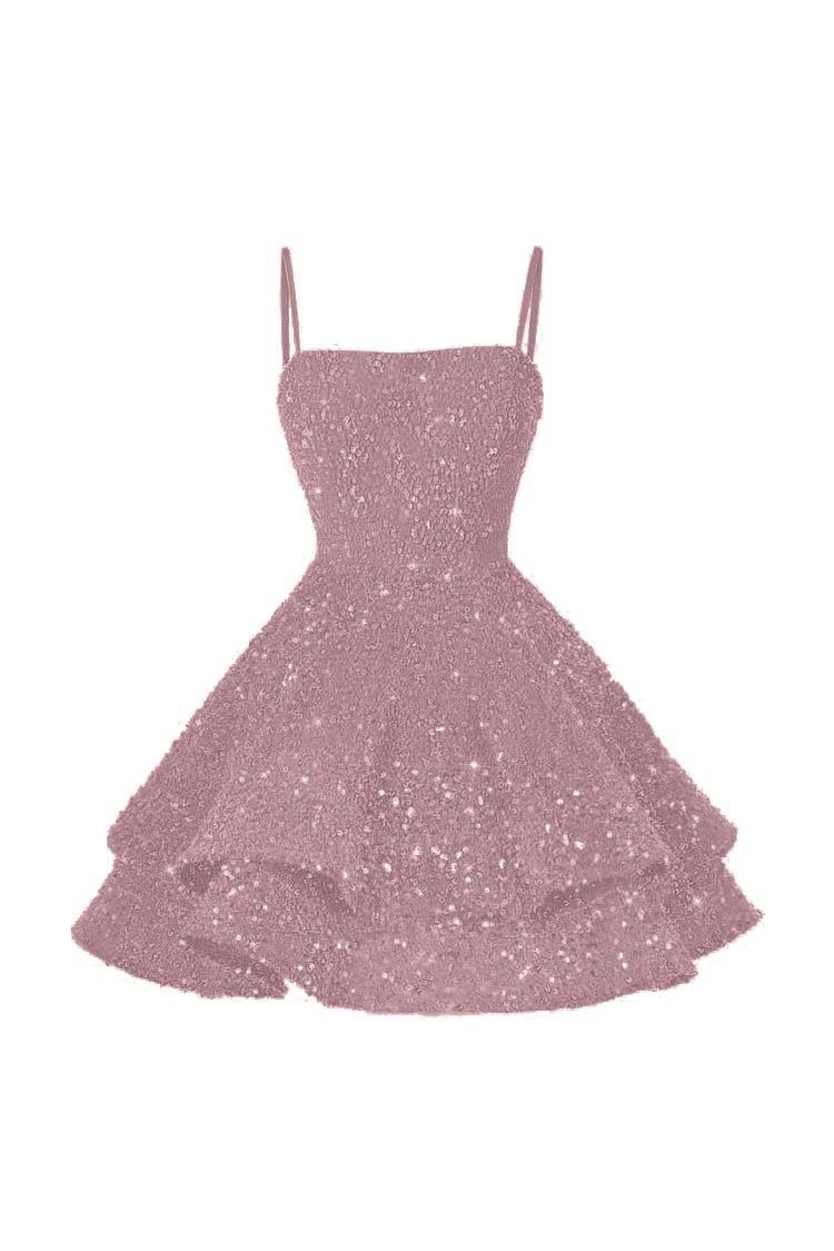 Shining Pink Spaghetti Strap Sleeveless Ball Gown Short Dress With Sequins