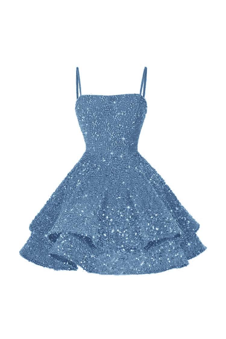Shining Pink Spaghetti Strap Sleeveless Ball Gown Short Dress With Sequins
