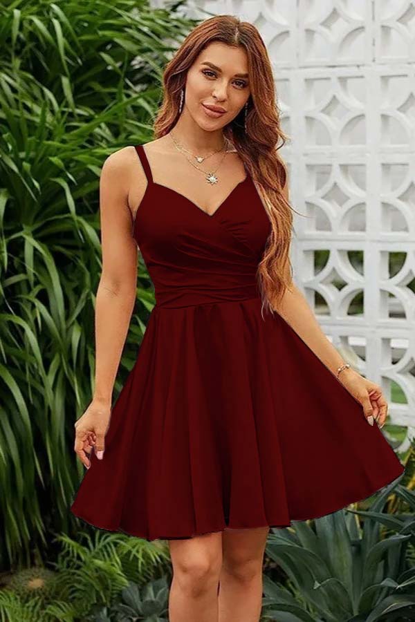 Shining Pink Spaghetti Strap Sleeveless V Neck Pleated Short Dress
