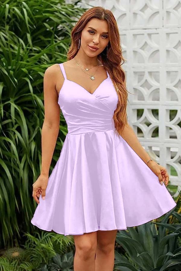 Shining Pink Spaghetti Strap Sleeveless V Neck Pleated Short Dress