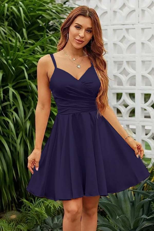 Shining Pink Spaghetti Strap Sleeveless V Neck Pleated Short Dress