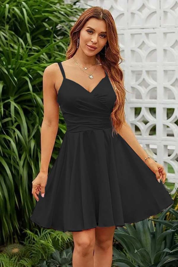 Shining Pink Spaghetti Strap Sleeveless V Neck Pleated Short Dress