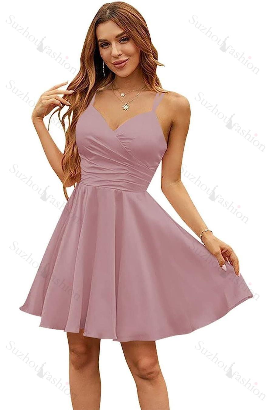 Shining Pink Spaghetti Strap Sleeveless V Neck Pleated Short Dress
