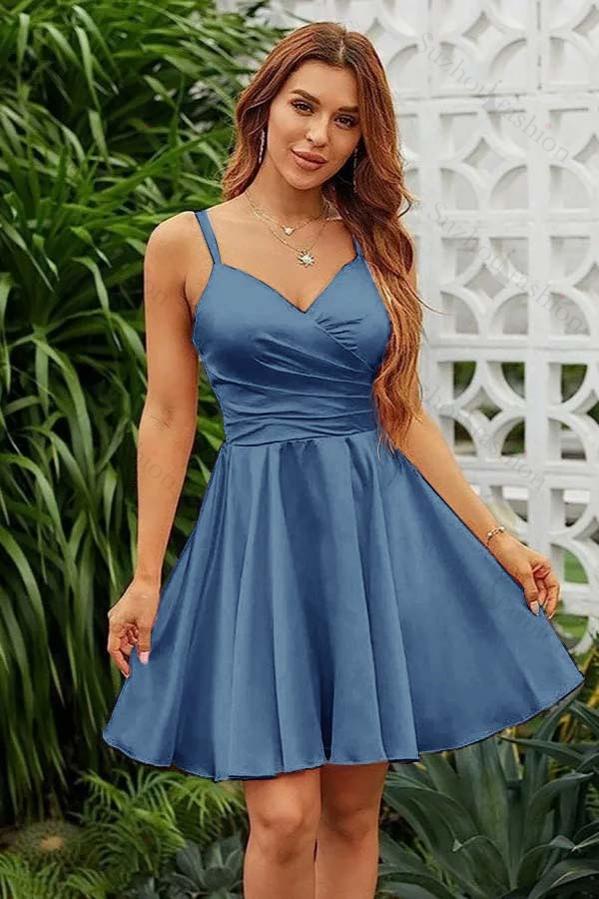 Shining Pink Spaghetti Strap Sleeveless V Neck Pleated Short Dress