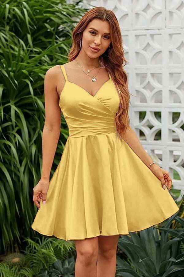 Shining Pink Spaghetti Strap Sleeveless V Neck Pleated Short Dress