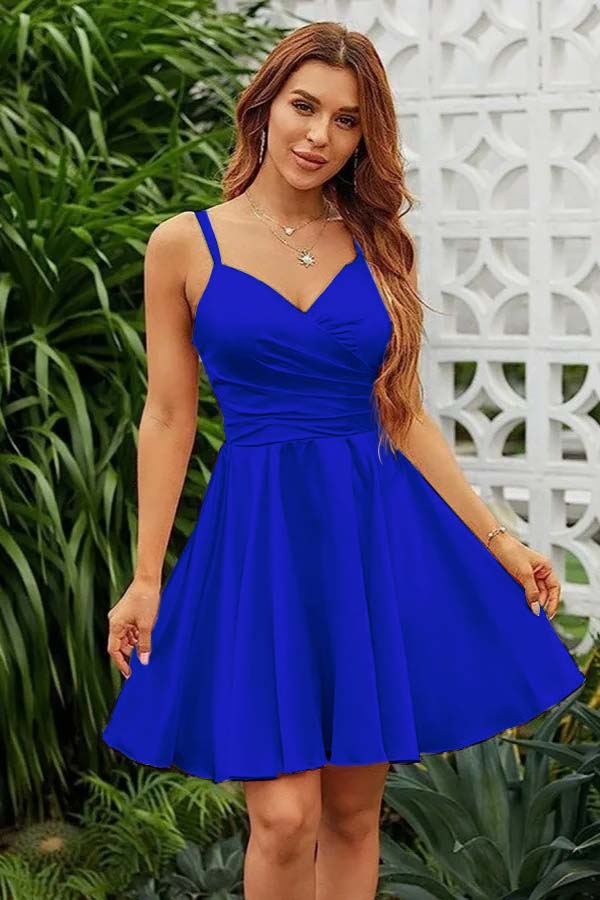Shining Pink Spaghetti Strap Sleeveless V Neck Pleated Short Dress