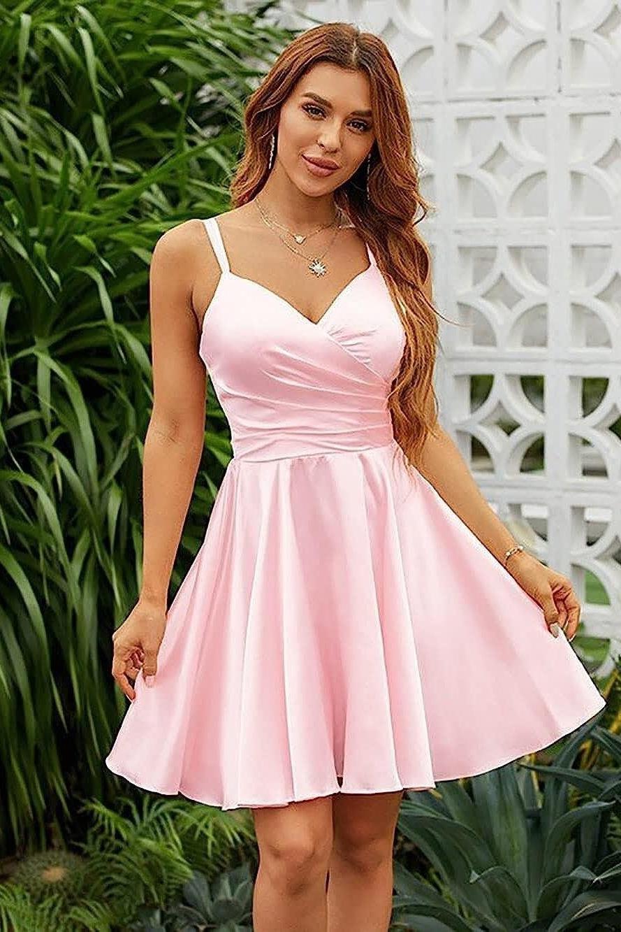 Shining Pink Spaghetti Strap Sleeveless V Neck Pleated Short Dress