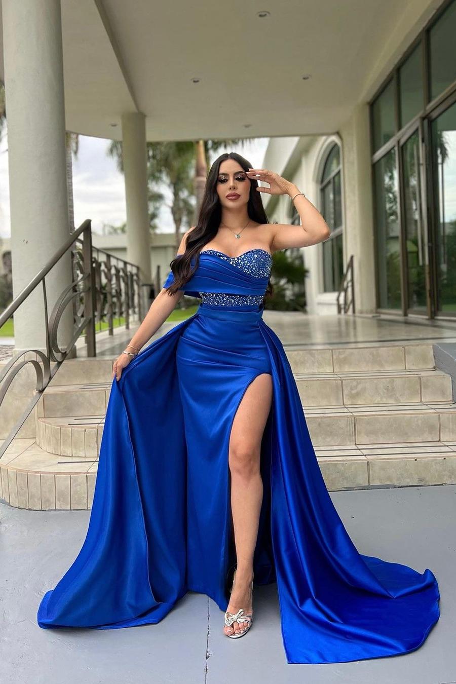 Shining Royal Blue Prom Dress One Shoulder Sleeveless Long Split Evening Formal Dress With Beadings