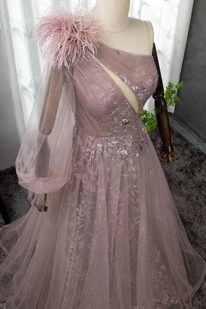 Shinning Blushing Pink Prom Dress One Shoulder Appliques Embroidery Evening Formal Dress