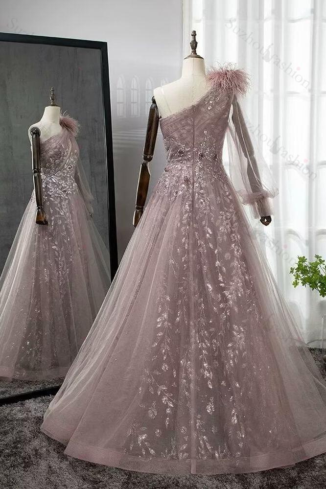 Shinning Blushing Pink Prom Dress One Shoulder Appliques Embroidery Evening Formal Dress