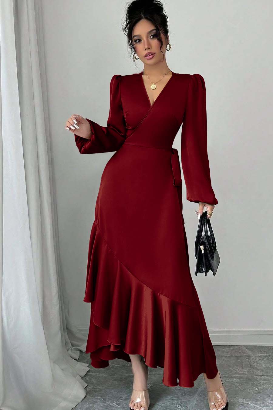 Shinning Long Sleeves V Neck Long Evening Formal Dress With Ruffled Pleated