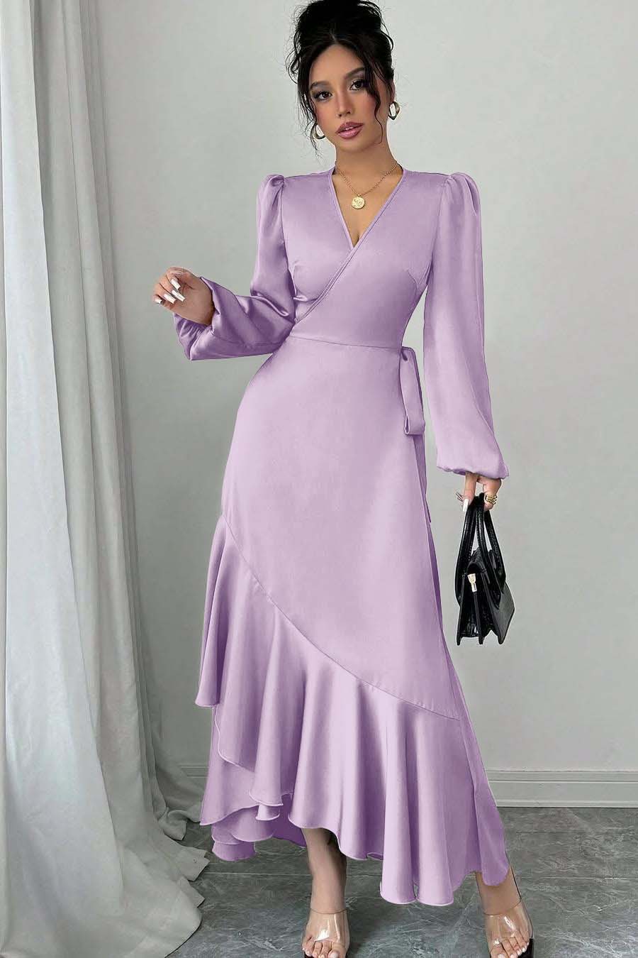 Shinning Long Sleeves V Neck Long Evening Formal Dress With Ruffled Pleated