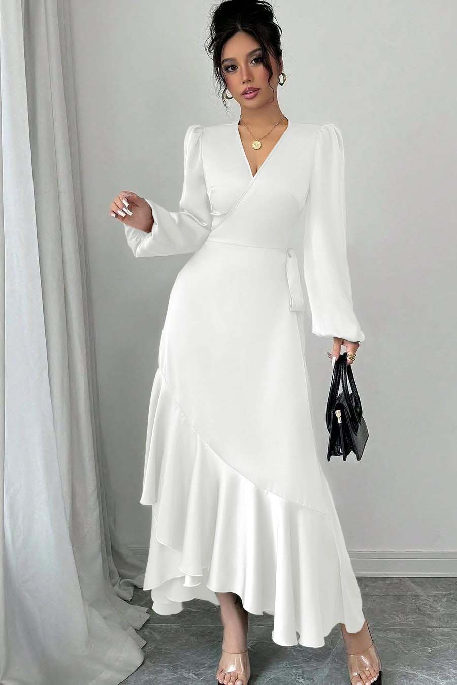 Shinning Long Sleeves V Neck Long Evening Formal Dress With Ruffled Pleated