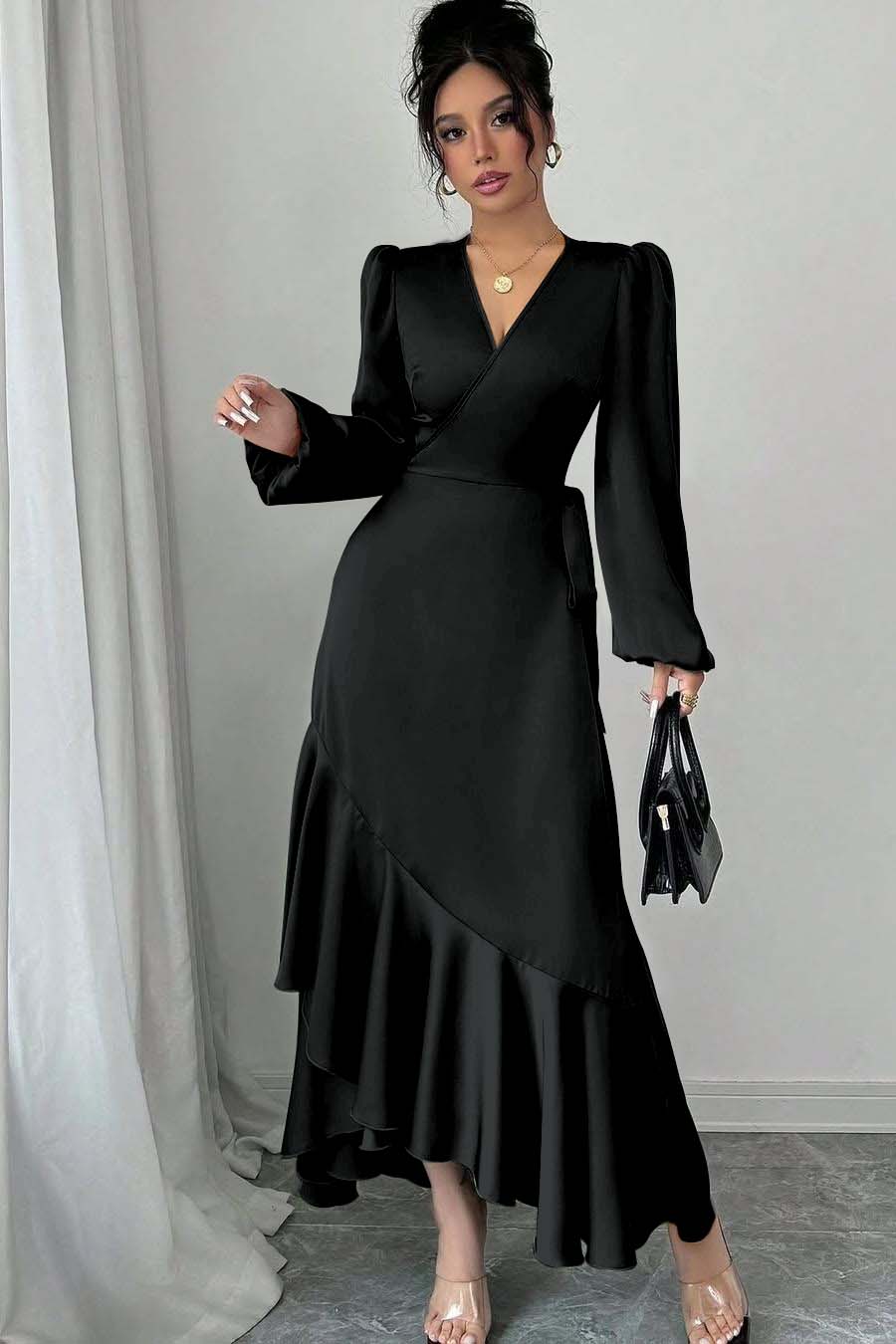 Shinning Long Sleeves V Neck Long Evening Formal Dress With Ruffled Pleated