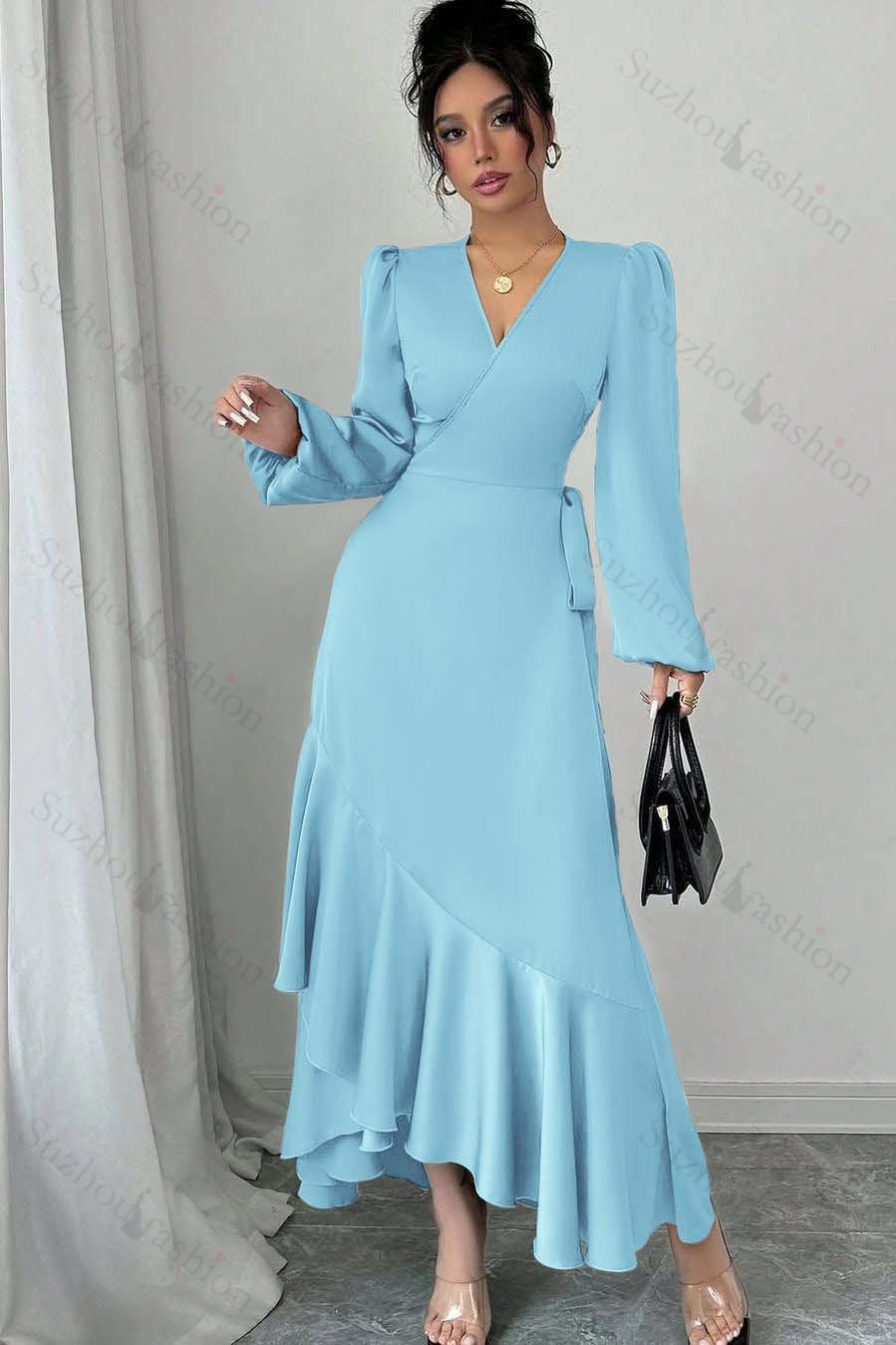 Shinning Long Sleeves V Neck Long Evening Formal Dress With Ruffled Pleated