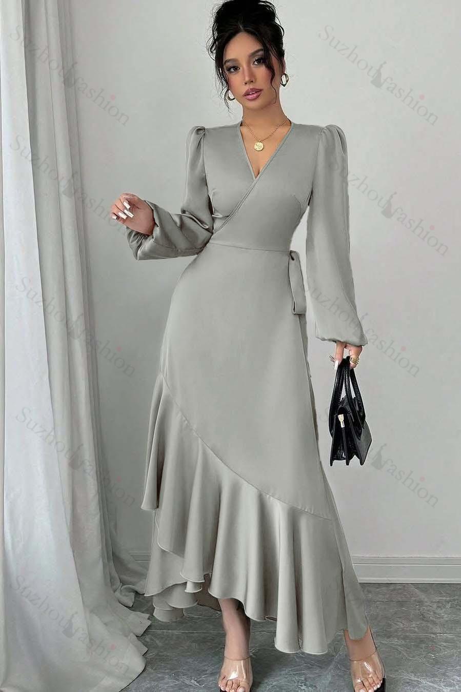 Shinning Long Sleeves V Neck Long Evening Formal Dress With Ruffled Pleated