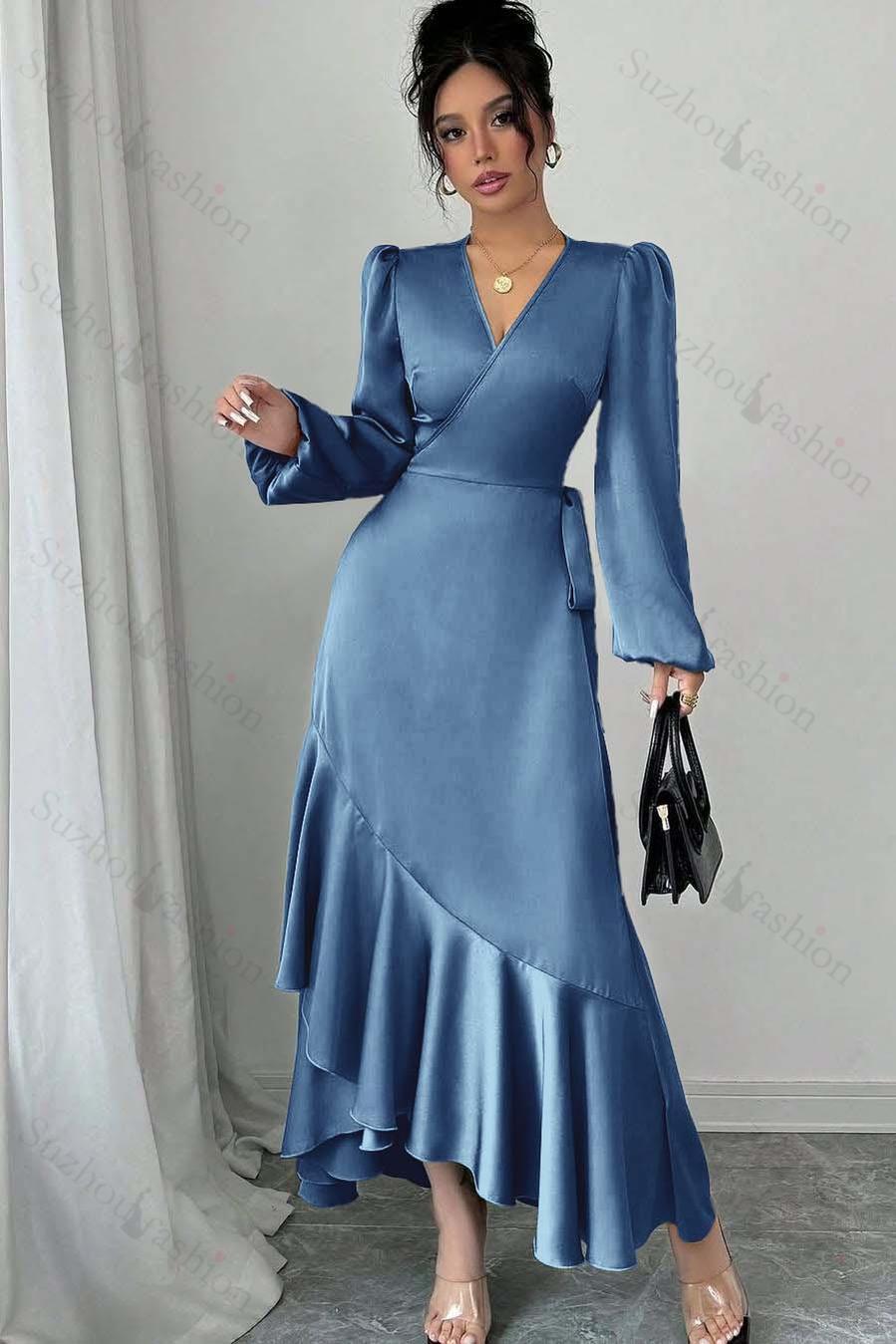 Shinning Long Sleeves V Neck Long Evening Formal Dress With Ruffled Pleated