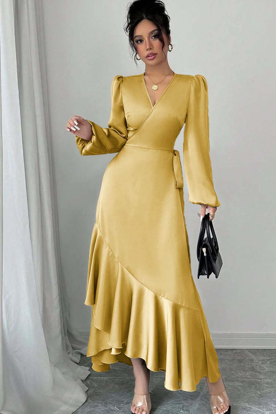 Shinning Long Sleeves V Neck Long Evening Formal Dress With Ruffled Pleated