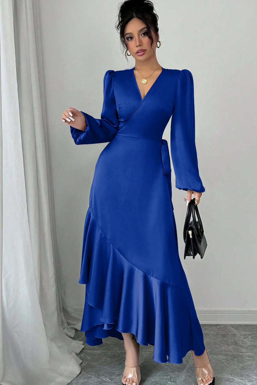 Shinning Long Sleeves V Neck Long Evening Formal Dress With Ruffled Pleated