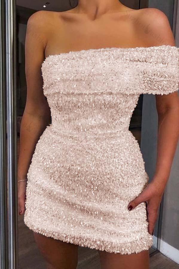 Shinning White Sequins One Shoulder Strapless Sleeveless Short Homecoming Dress