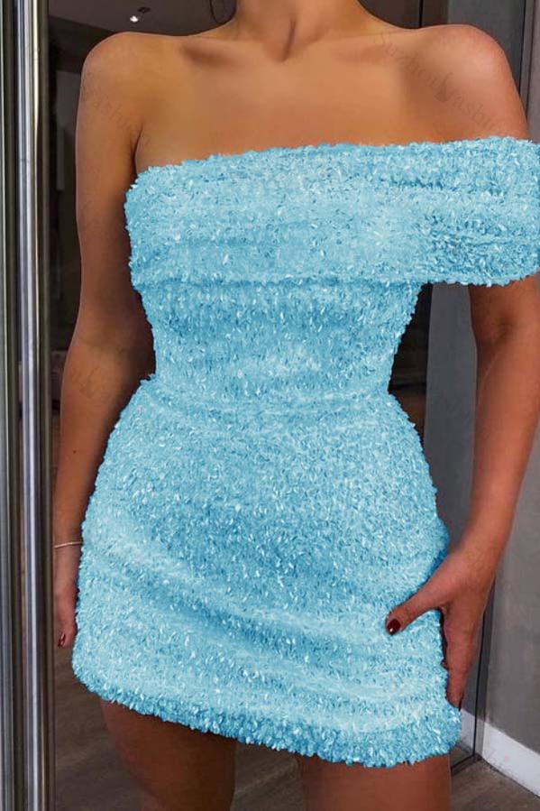 Shinning White Sequins One Shoulder Strapless Sleeveless Short Homecoming Dress