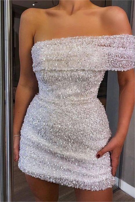 Shinning White Sequins One Shoulder Strapless Sleeveless Short Homecoming Dress