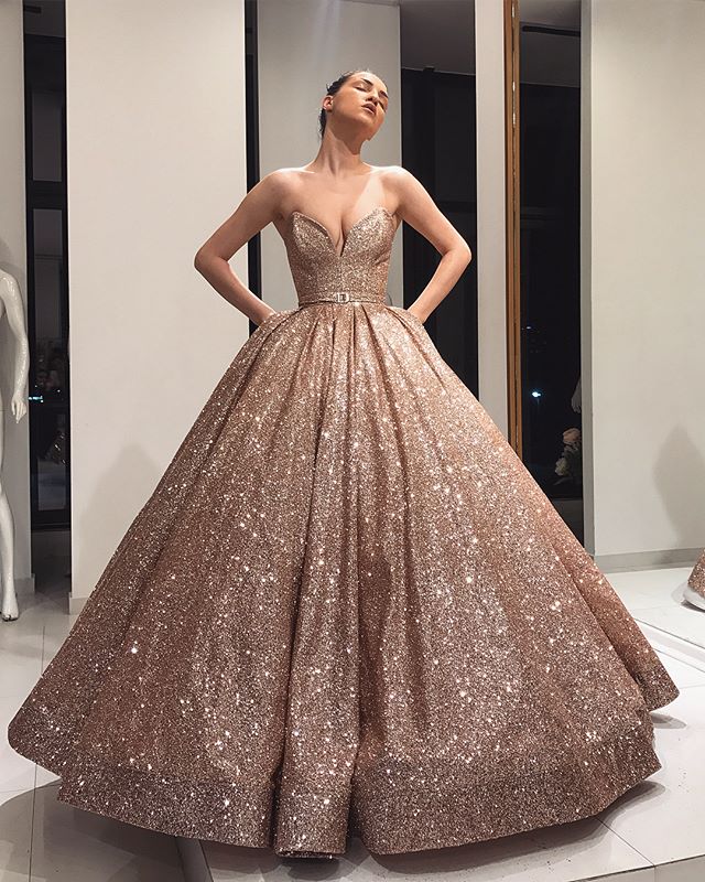 Shiny Ball Gown Floor-Length Sleeveless Prom Dresses | Sweetheart Sequins  Evening Gown With Bow