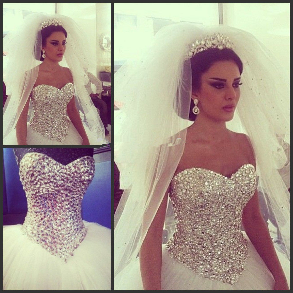 Shiny Crystals Sweetheart  Wedding Dress with Puffy Tulle Skirt Bridal Ball Gowns