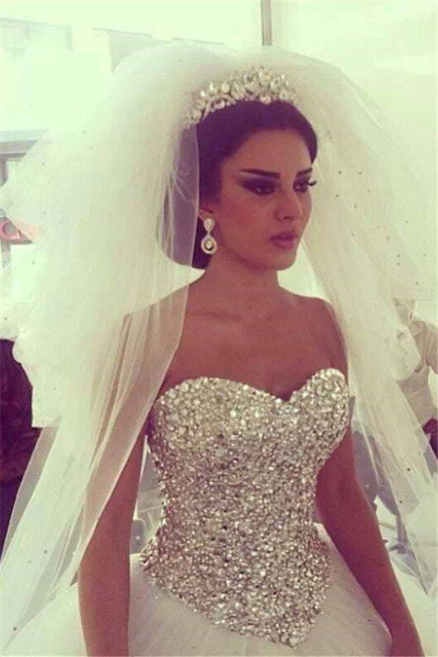 Shiny Crystals Sweetheart  Wedding Dress with Puffy Tulle Skirt Bridal Ball Gowns