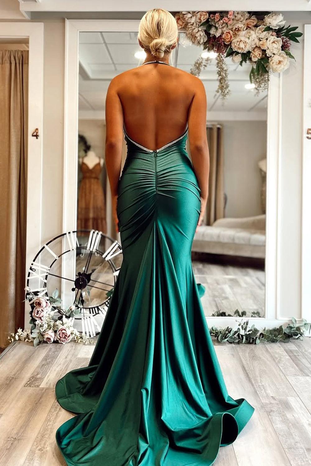 Suzhoufashion Shiny Emerald Green Satin Mermaid Gown With Halter And Open Back Prom Dress Formal Evening Gown