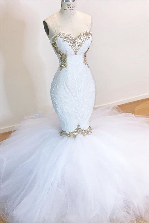 Shiny Sequins Appliques Wedding Dresses | Mermaid Tulle Strapless Bridal Gowns