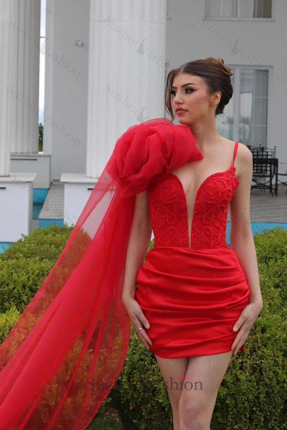 Short Column V Neck Homecoming Dress Sleeveless Satin Red Prom Dress Cocktail Dress