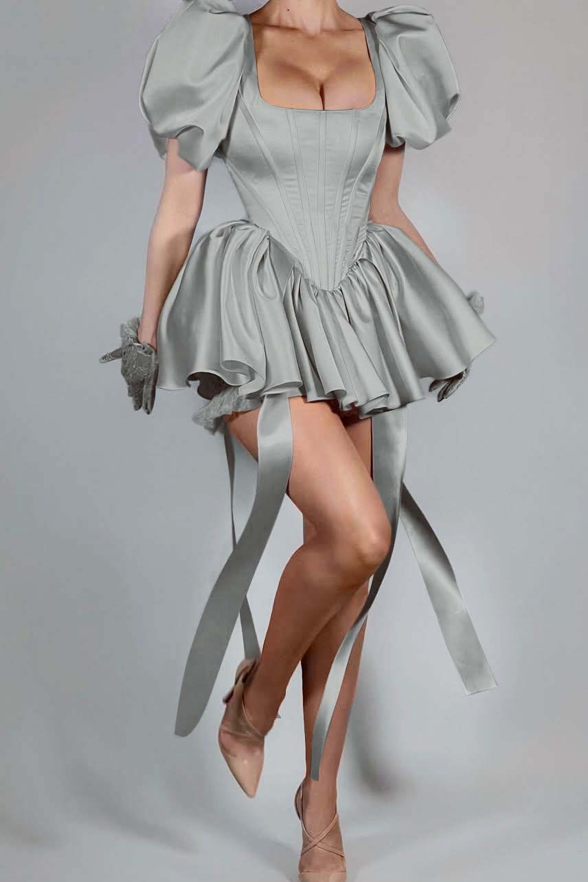 Short Pink Homecoming Dress Satin Square Neck Puff Sleeves Cockail Dress
