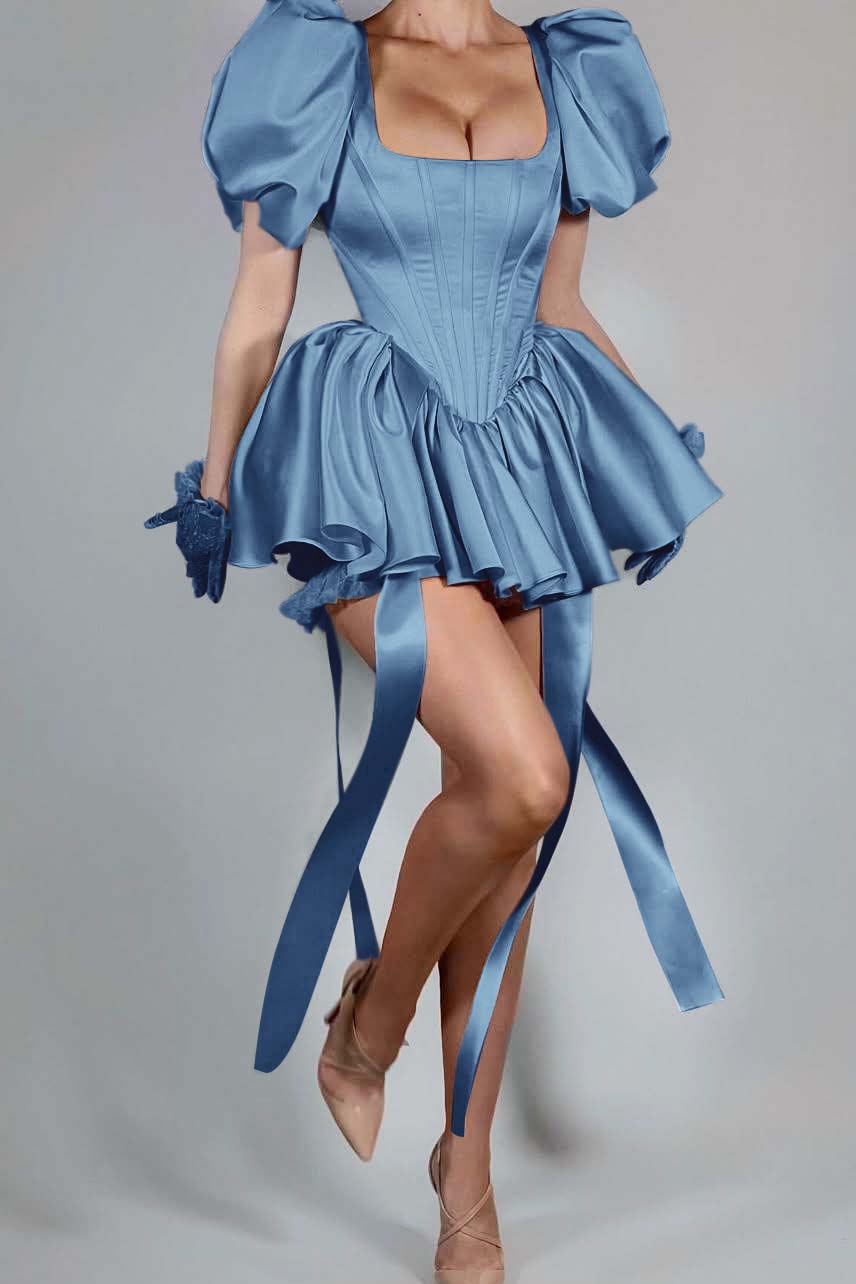 Short Pink Homecoming Dress Satin Square Neck Puff Sleeves Cockail Dress