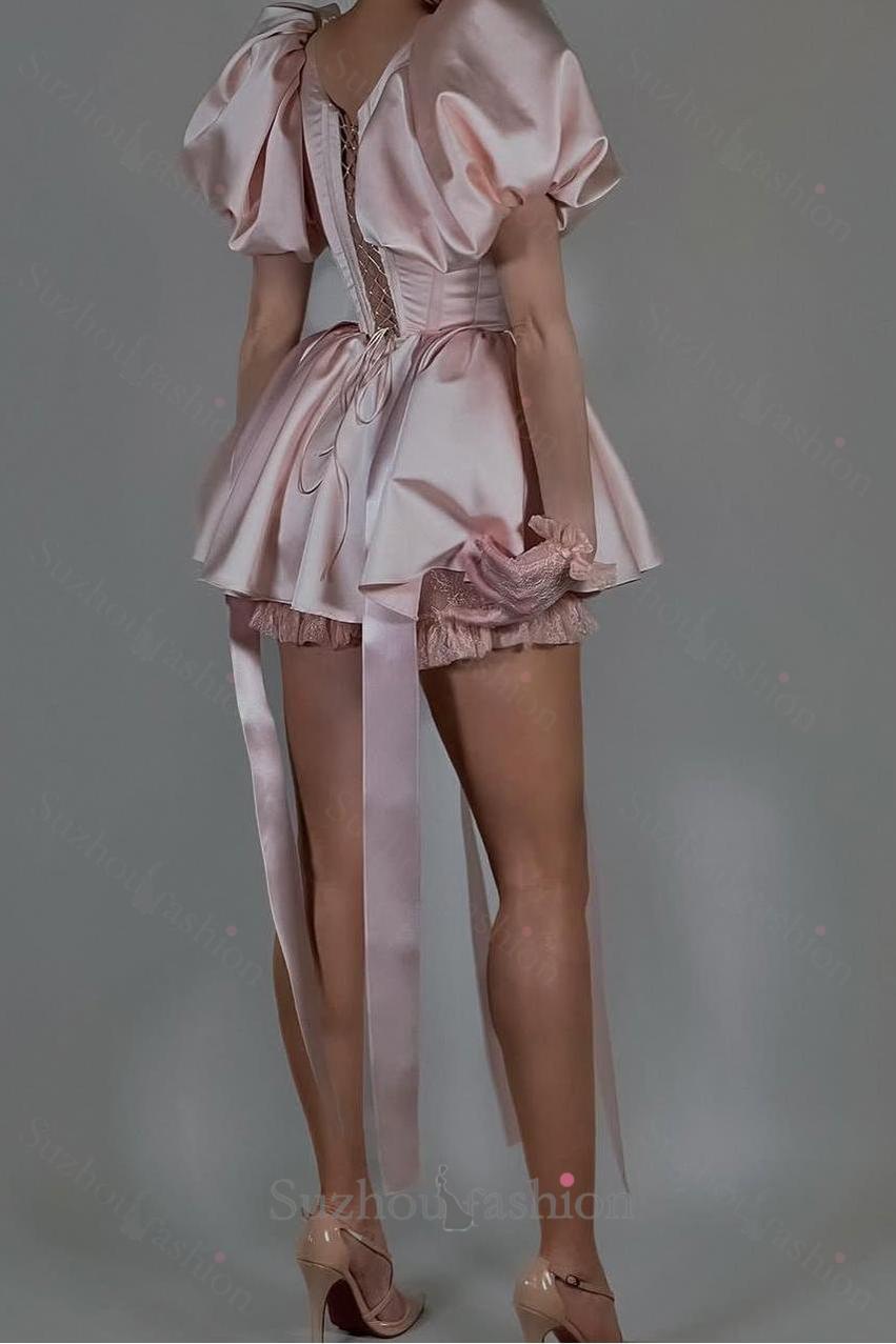 Short Pink Homecoming Dress Satin Square Neck Puff Sleeves Cockail Dress