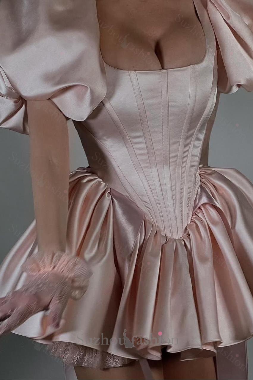 Short Pink Homecoming Dress Satin Square Neck Puff Sleeves Cockail Dress