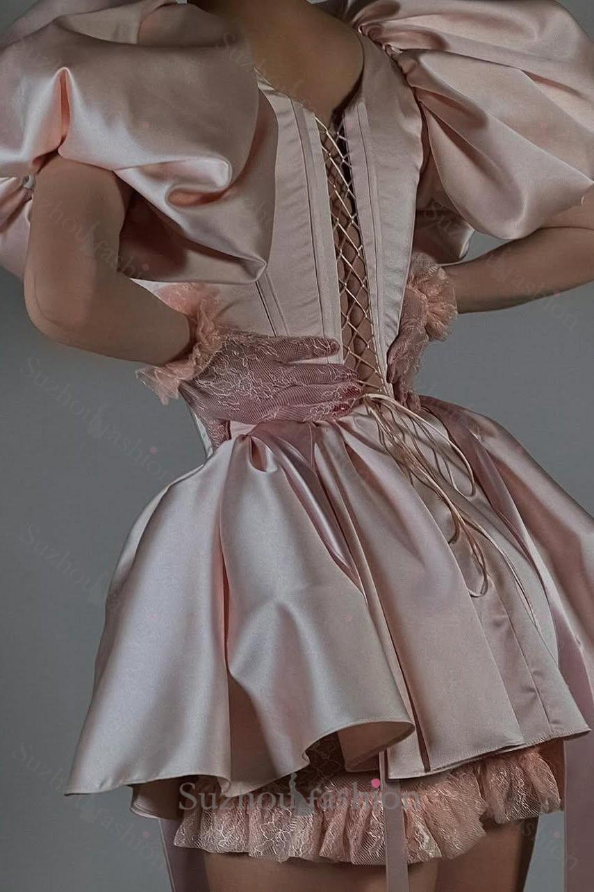 Short Pink Homecoming Dress Satin Square Neck Puff Sleeves Cockail Dress