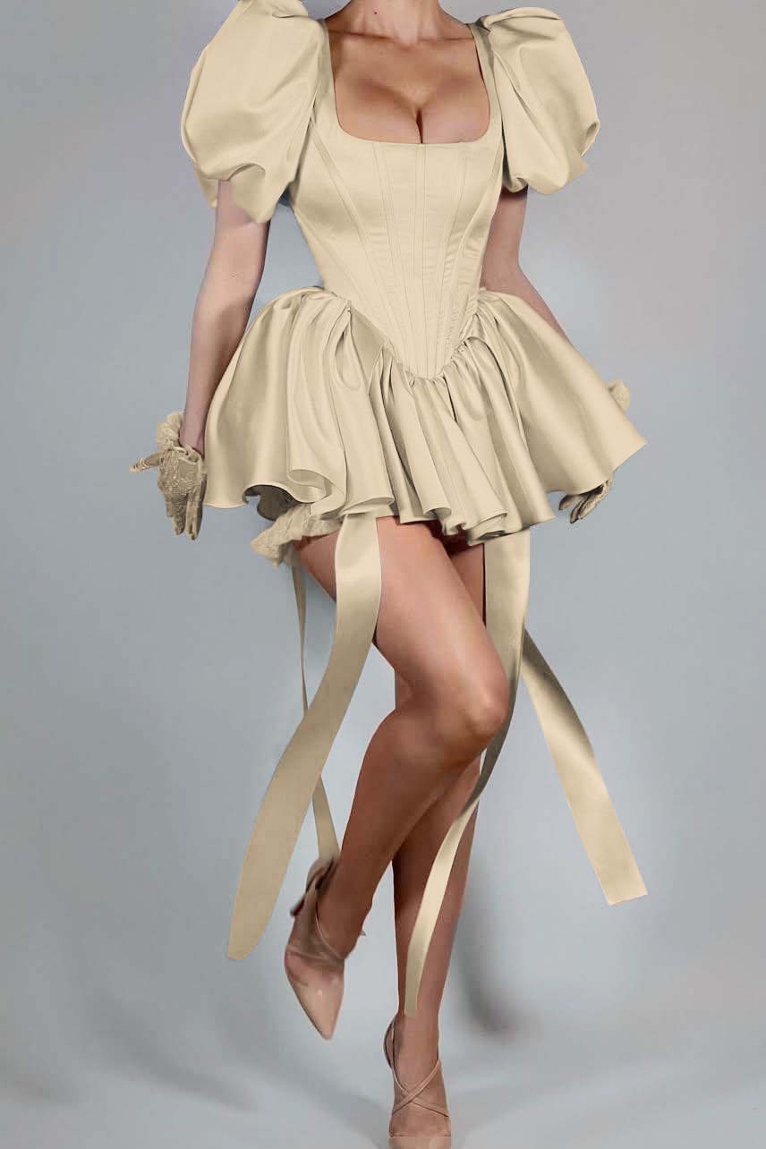 Short Pink Homecoming Dress Satin Square Neck Puff Sleeves Cockail Dress