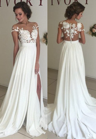Short Sleeve A-Line Chiffon Summer Beach Wedding Dresses Split Lace Applique Beach Bridal Gowns BA3033