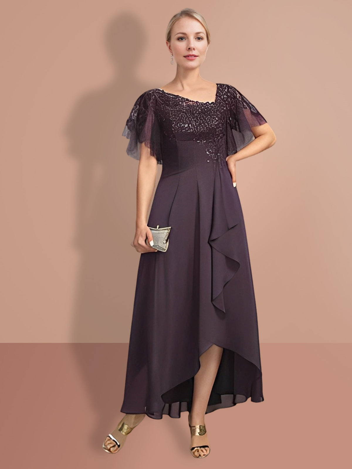 Short Sleeve A Line Mother of the Bride Dress with Asymmetrical Design